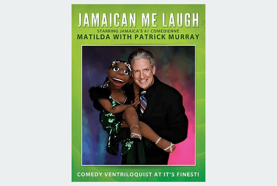 Ventriloquist with puppet on colorful poster