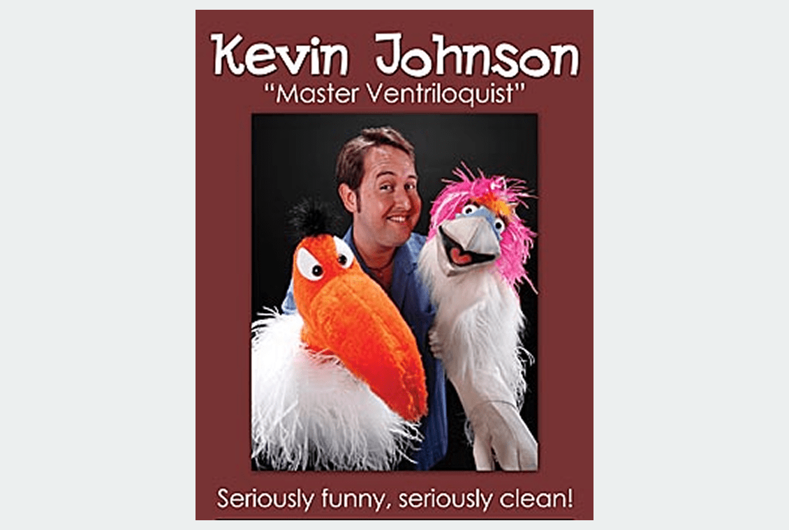 Ventriloquist with colorful puppets